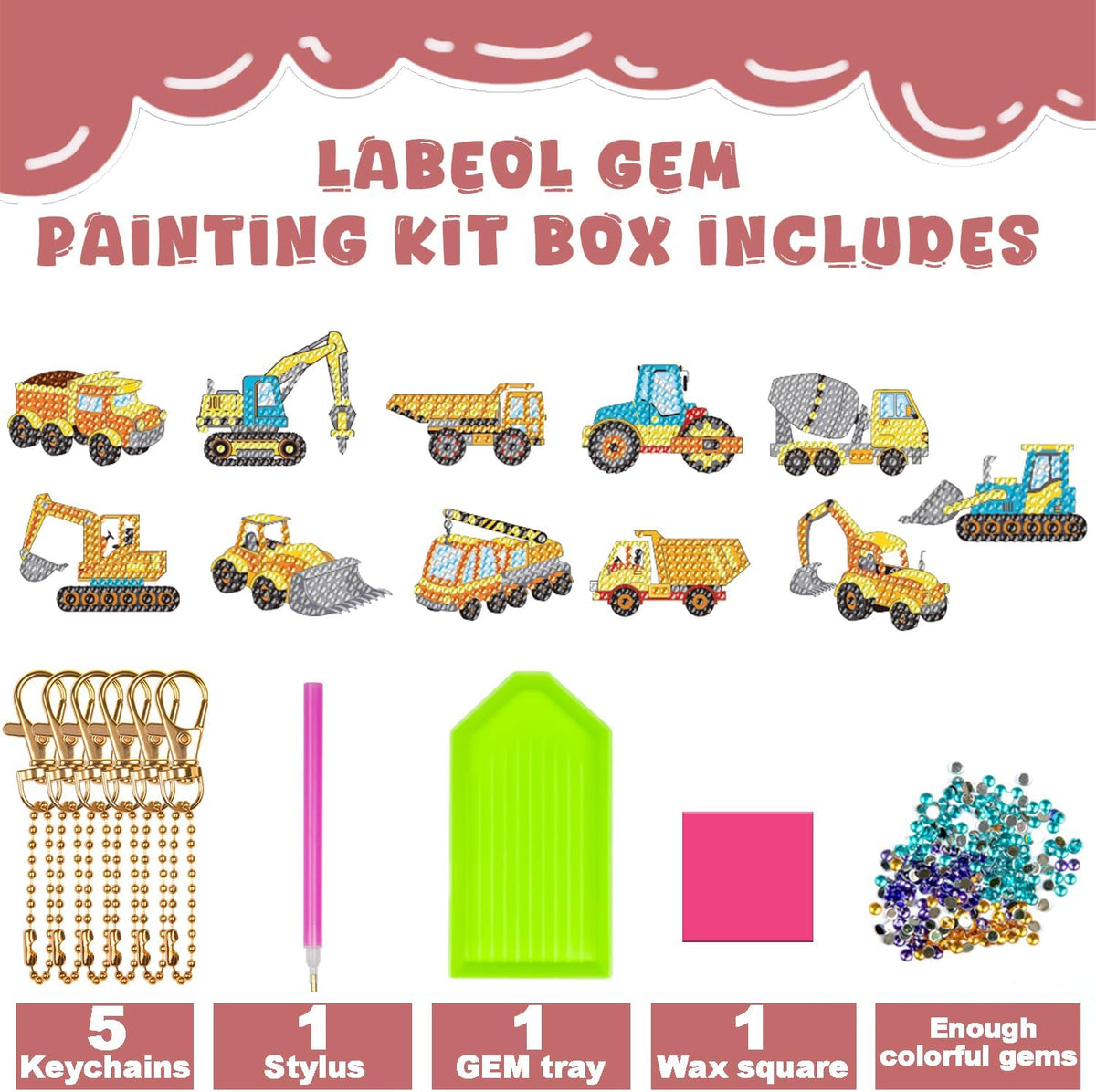 Labeol Diamond Art Kits for kids 5D Diamond Creat Your Own GEM - Engineering Vehicles - image 2