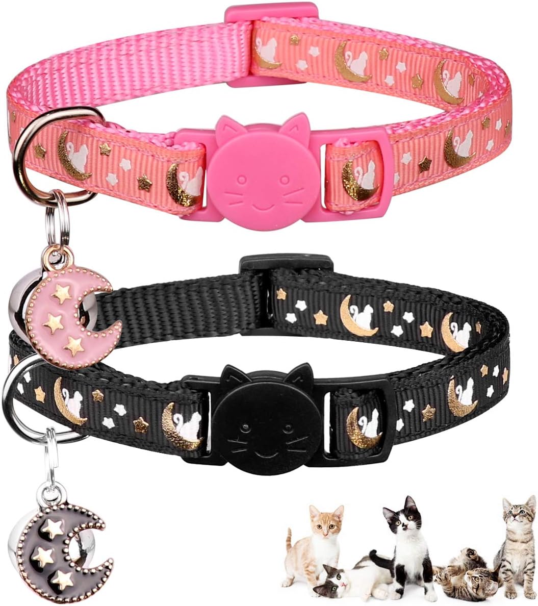 Baeuppit 2Pcs Breakaway Cats Collars Cat Collars for Boy & Girl Cats - 7.0-10.7'' / Pink+Black