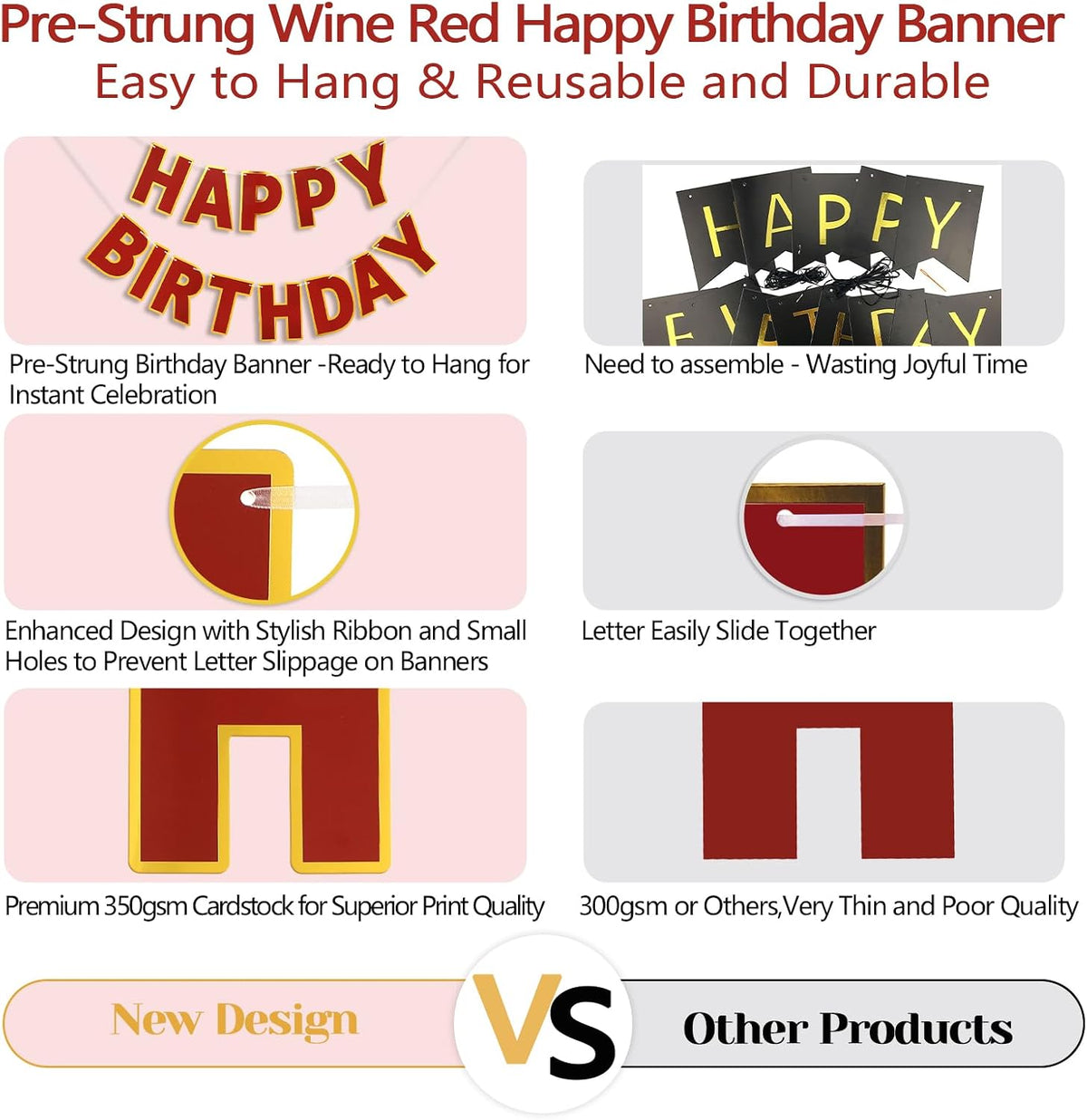 Pre-Strung Happy Birthday Banner - Wine Red - image 4