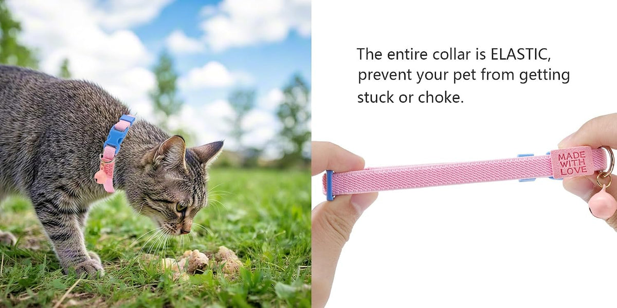 Cotton Bowtie Cat Collar with Bell 2 Pack Adjustable Breakaway Kitten - Elastic Pink+Blue / 7.5-11.4 Inch (Pack of 2) - image 3