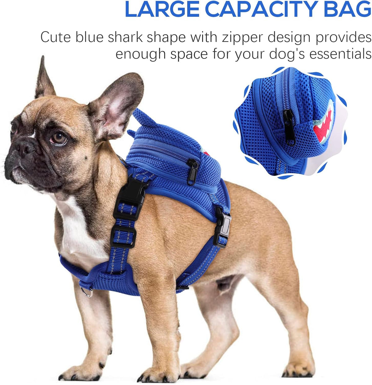 Dog Backpack Harness, No-Pull Dog Backpack with D-Ring, Frog, M - Blue Shark / 5.3"L x 4.3"W x 2.2"H - image 2