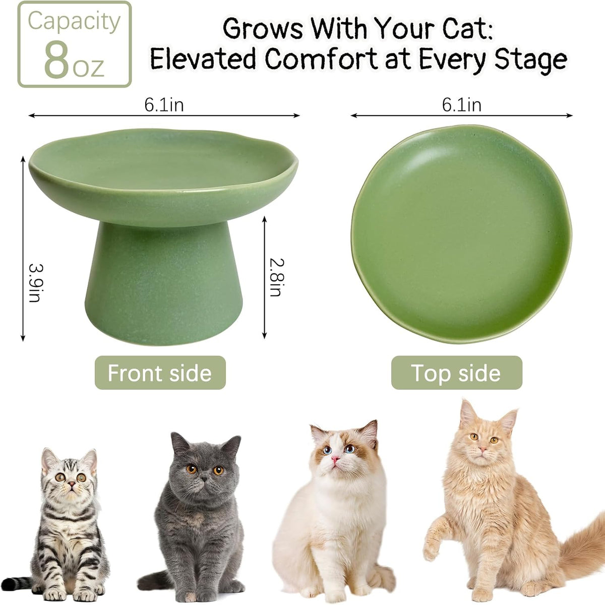 VCEPJH Elevated Cat Bowls 6.1in Wide Shallow Ceramic Raised Food Dish – Essentials for Cats - Green(Pack of 1) - image 2