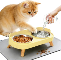 Elevated Cat Bowls with Food Mat - Yellow