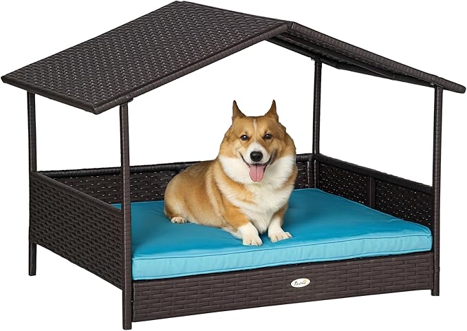 PawHut Wicker Dog House Outdoor with Canopy, Rattan Dog Bed with Water-Resistant Cushion, Raised Dog Bed for Small, Medium Dogs up to 66 lbs, 19.75" in Length, Brown Wicker, Blue Cushion