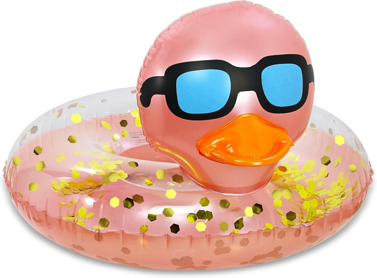 POZA inflatable duck pool float tube with gold confetti, sunglasses and orange beak - view 5
