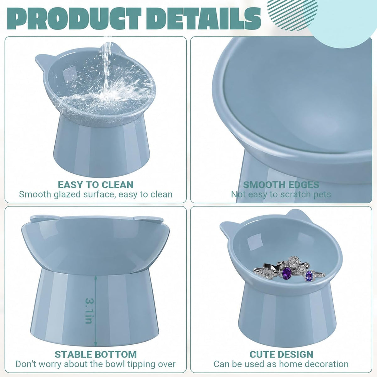 Zhehao 2 Pcs Elevated Cat Bowl Set, Tilted 15° - Cat Ears / Light Green, Blue - image 3