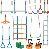 VEVOR Ninja Warrior Obstacle Course for Kids, 2 x 65 ft Weatherproof Slacklines, 500lbs Weight Capacity Monkey Line, Outdoor Playset Equipment, Backyard Toys Training Equipment Set with 12 Obstacles
