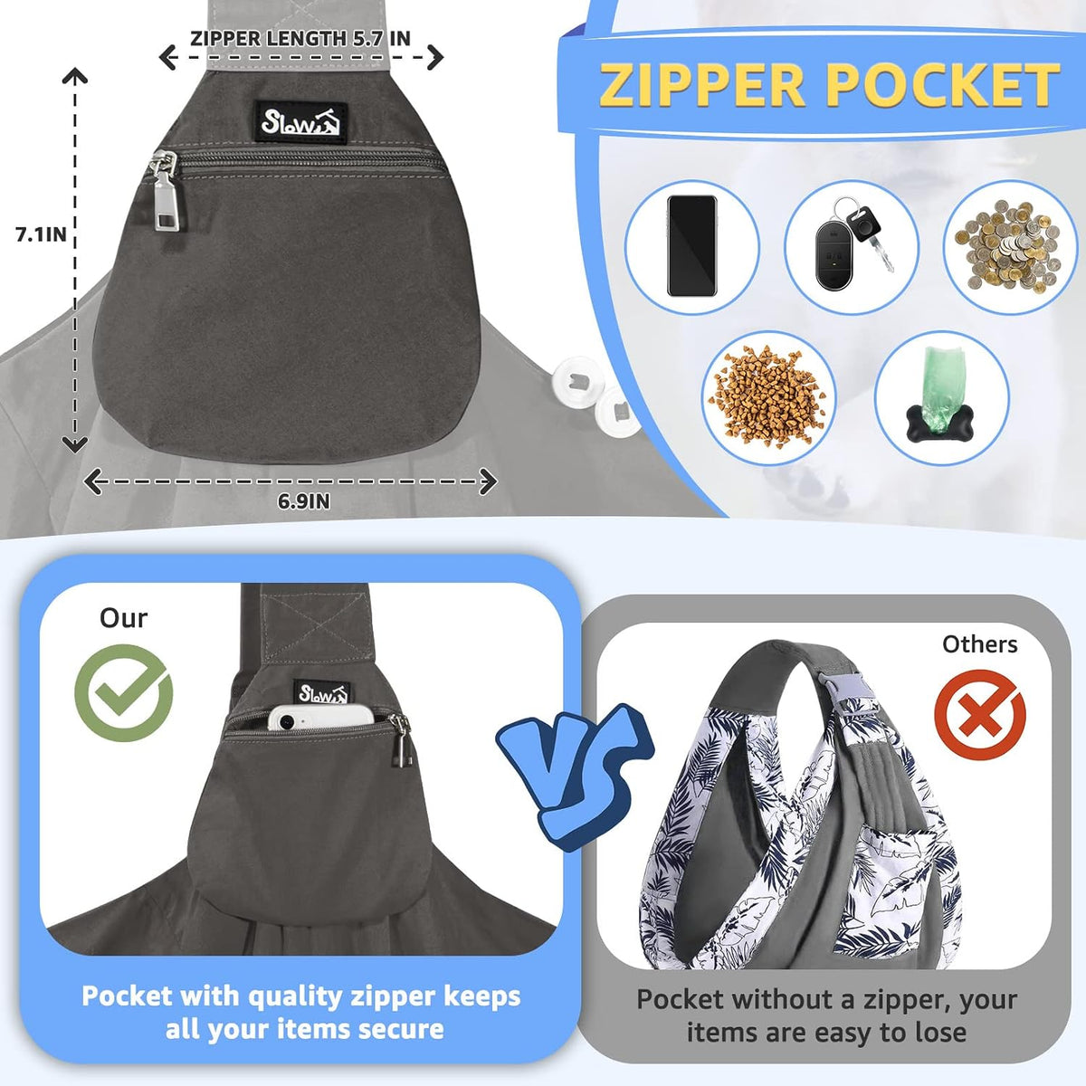 SlowTon Dog Carrier Sling - A-Grey Cotton Fabric / For Pets 12-16lbs - image 3