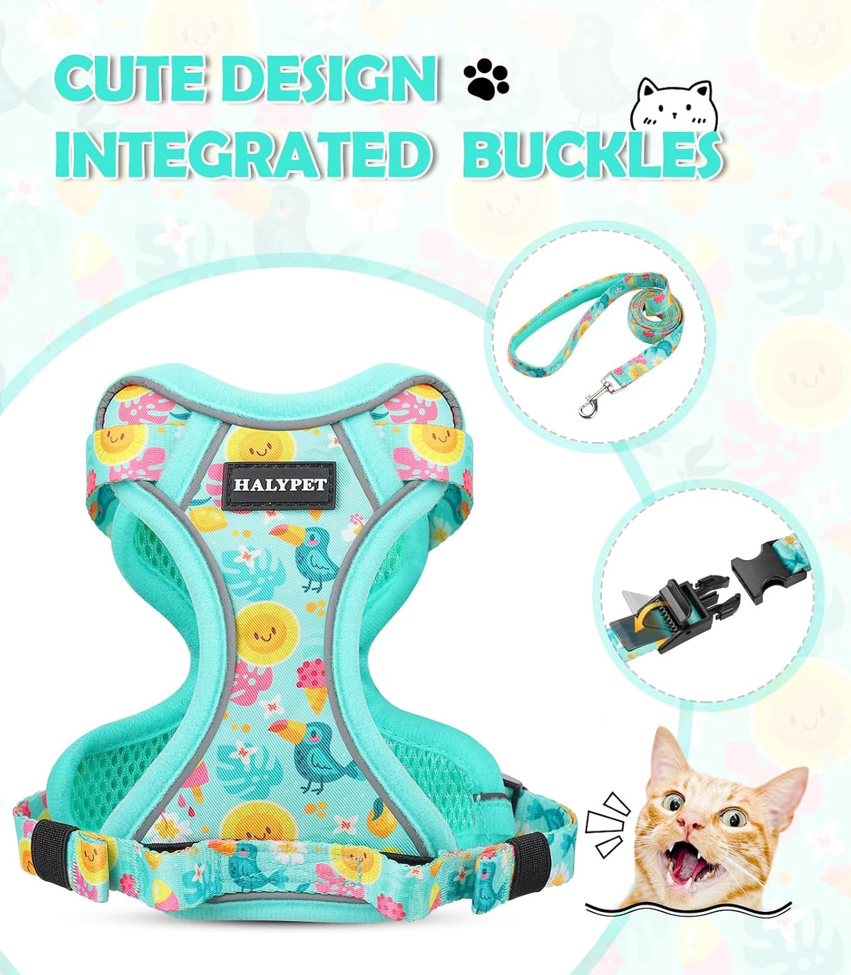 Cat Harness and Leash Set[MAX Safety 4th-Gen] Cute Escape Proof Vest - H603 Pro Green Tropics / Medium (13-18lb) - image 3