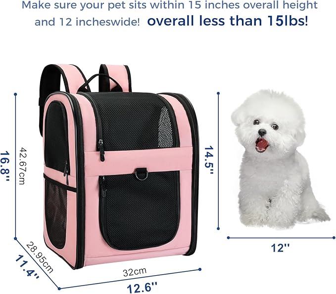 Apollo Walker Dog & Cat Carrier Backpack for 4-15lb Pets - Ventilated Safe Design with Padded Back Support, Breathable Mesh Pet Backpack for Hiking, Travel, Outdoor (Pink)