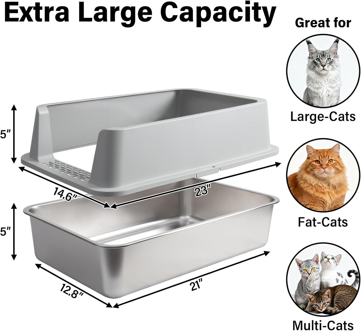 Stainless Steel Litter Box, Metal Cat Litter Box for Kitten - XL:23x14.6x10inch with Lid -2pack - image 2