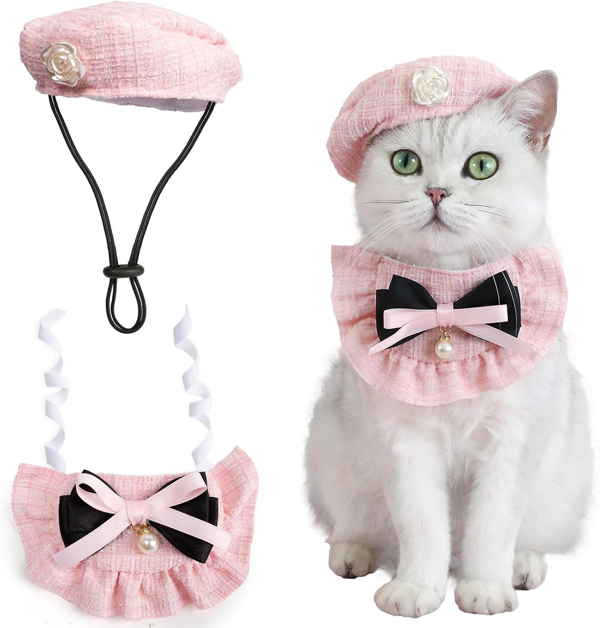 HOWWFALY 2PCS Cat Beret Hat with Small Camellia - Pink Bow