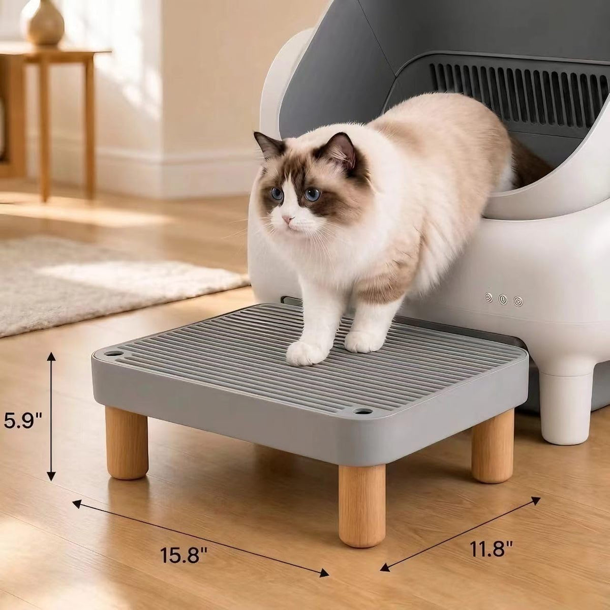 Litter Box Step, Litter Box Ramp/Catcher with Wooden Base - L-light Gray - image 2