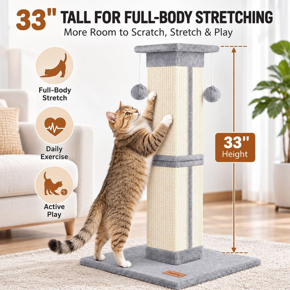 Cat Scratching Post 33 Inch for Indoor Cats - Grey - image 2