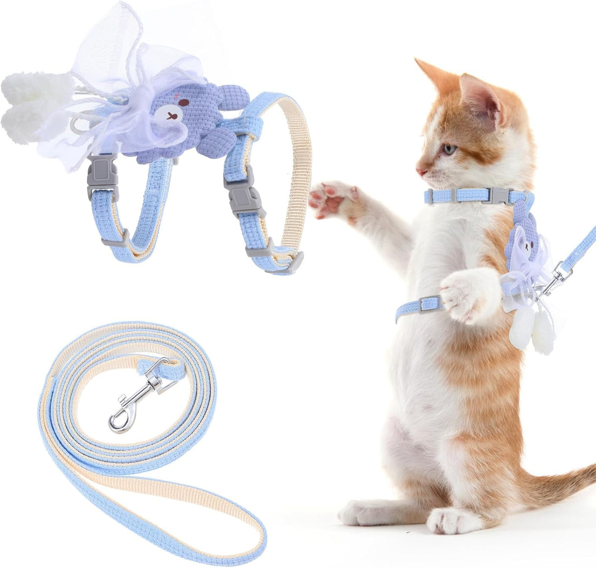 TIESOME Cat Harness and Leash Set - Ribbon Bear Blue