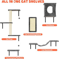 NUNU LAB Cat Wall Shelves Set, 5 Pcs Wall-Mounted Cat Climber with Condo House, Bridge Ladder, Scratching Post, Indoor Cat Furniture Set, Gray