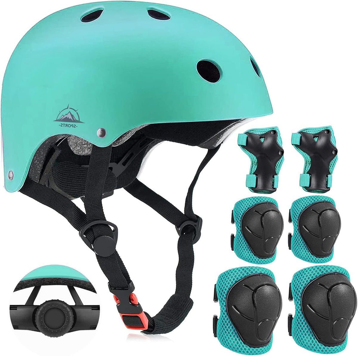 Adjustable Kids Helmet with Knee Pad, Elbow Pads & Wrist Guards - Light green / Medium( 8-14 years )
