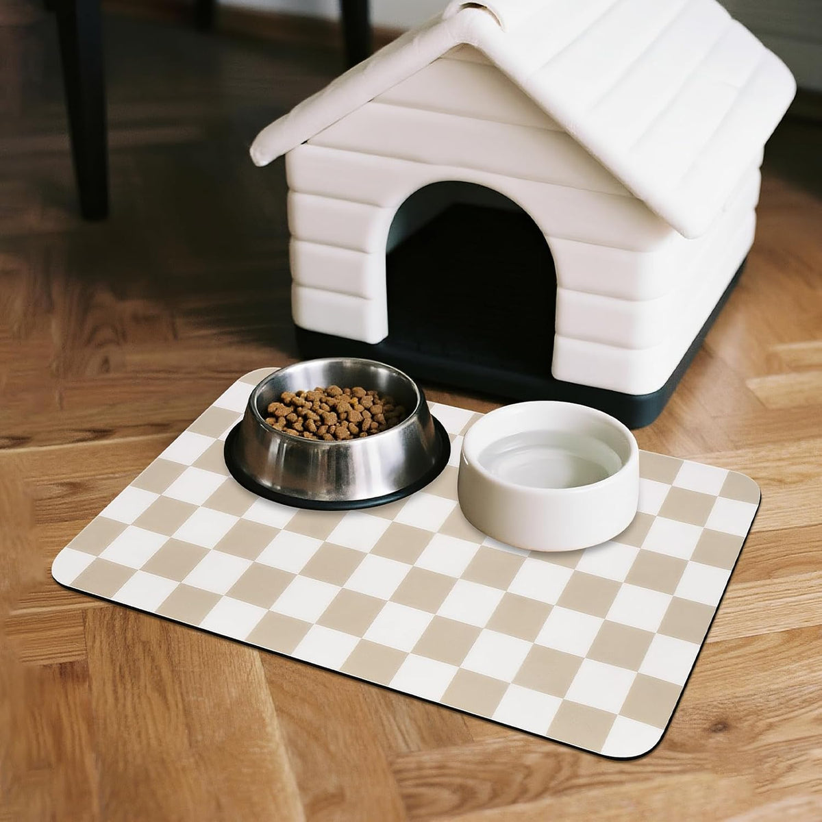 CooRug Checkered Dog Food Mat, Pet Feeding Mat 20" L x 12" W - Beige / 20"L x 12"W - image 2