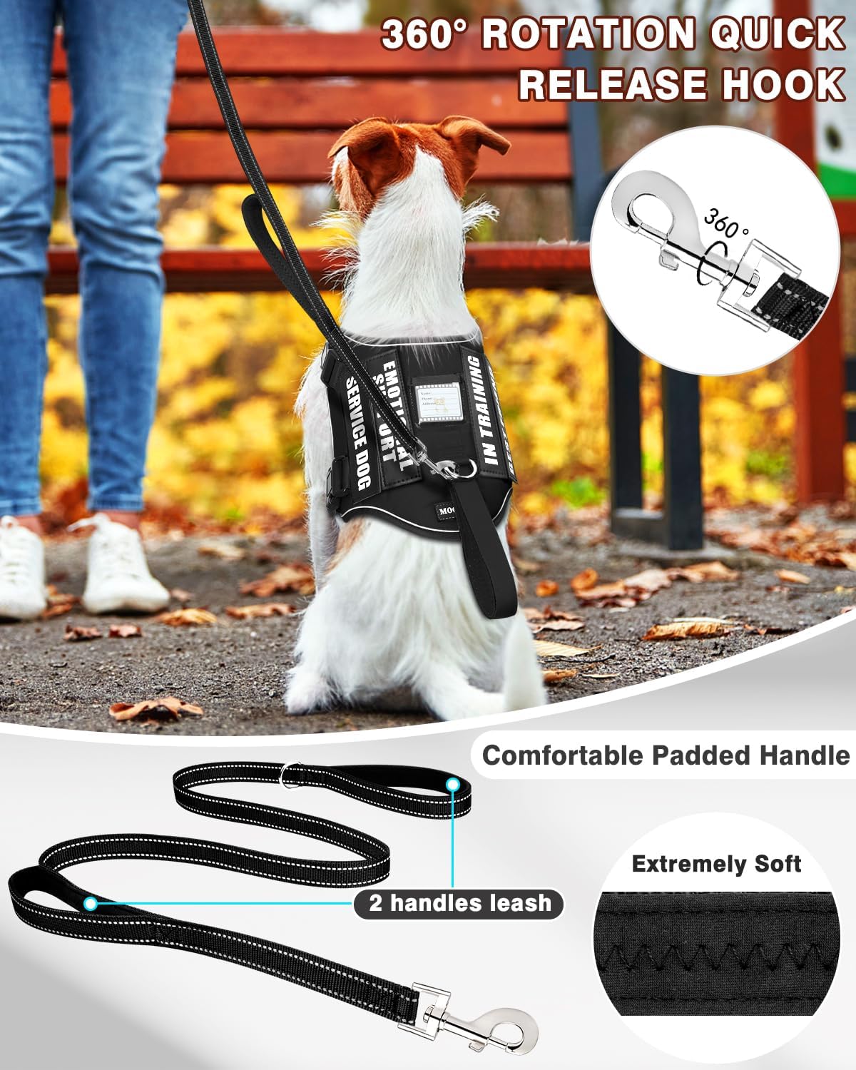Service Dog Vest Harness and Leash Set+10 Patches - Extra-Small / Black - image 2