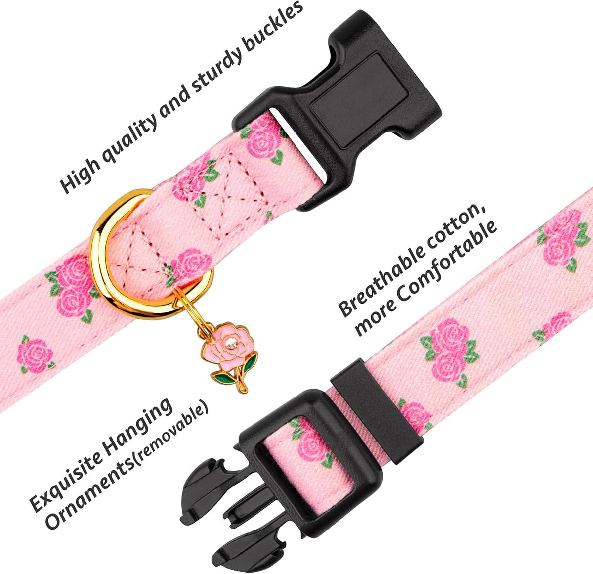 Cotton Dog Collar White and Pink Love Heart with Pendant Cute Dog - Pink Rose / S - image 2