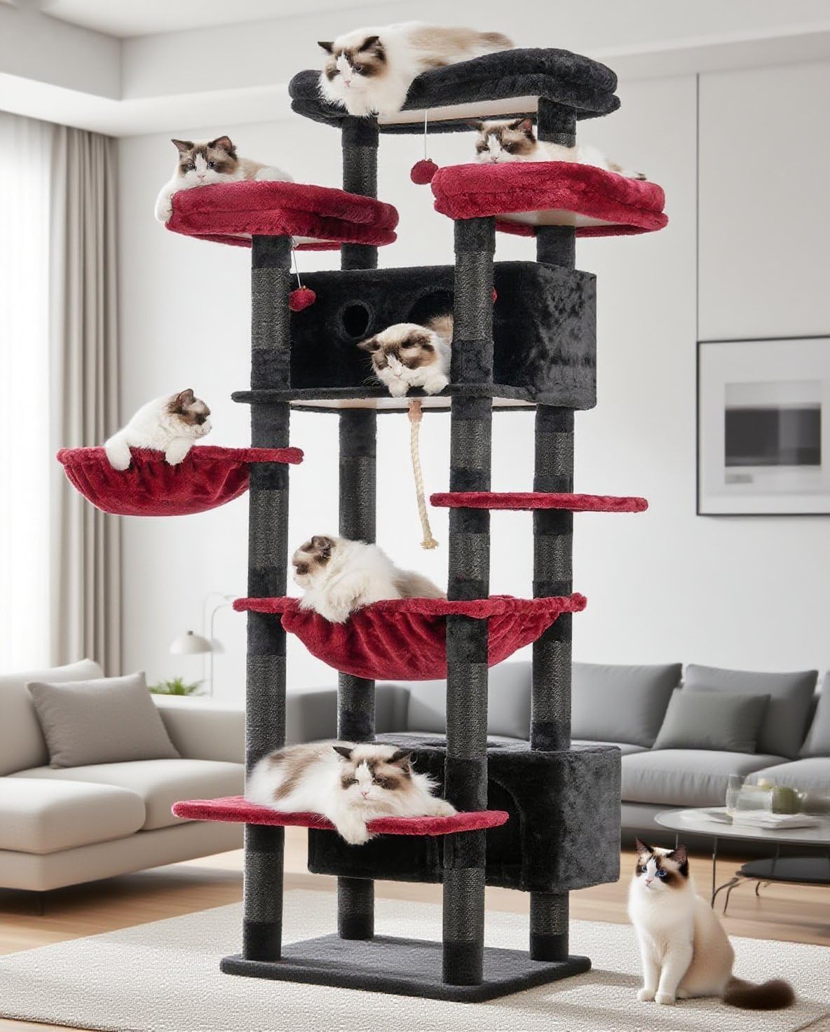 Cat Tree, 74" Tower for Large Cats, Big Condo & Hammock GCT030G – Essentials for Cats - 74 inch / Black and red