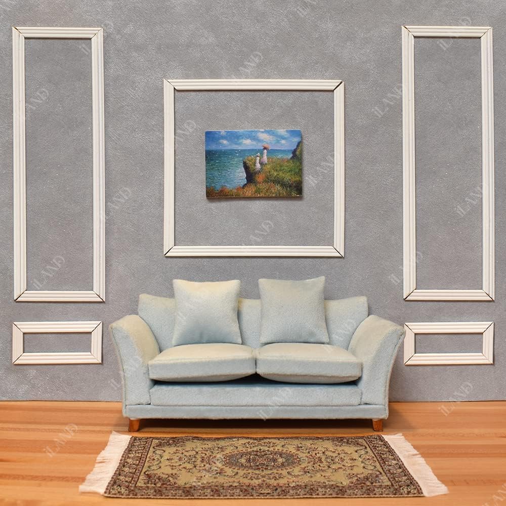iLAND 1:12 scale dollhouse couch in turquoise blue velvet with two cushions and two pillows - view 9