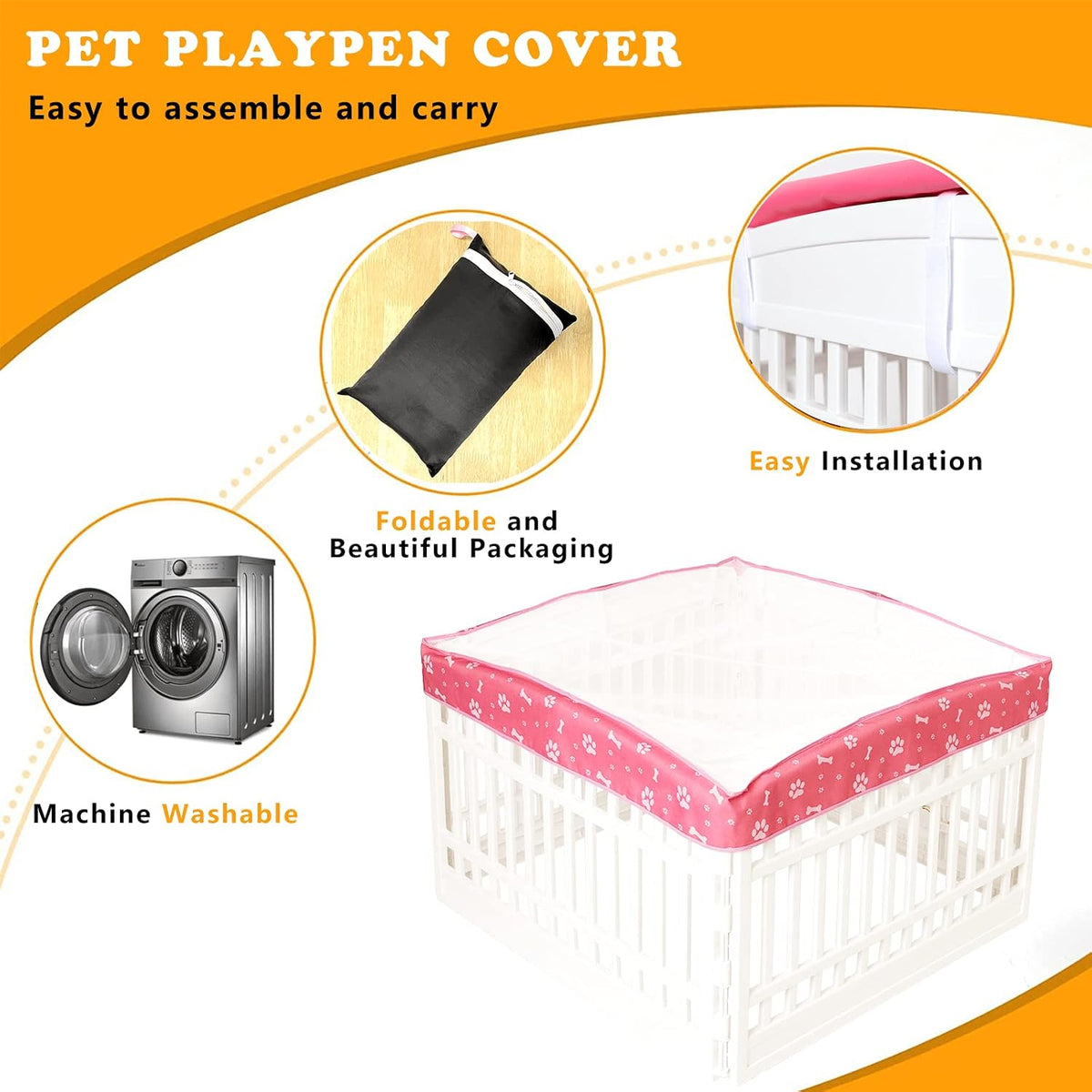 Dog Playpen Mesh Top Cover for 36" Inch Pet Playpen with 4 Panels - Pink - image 3