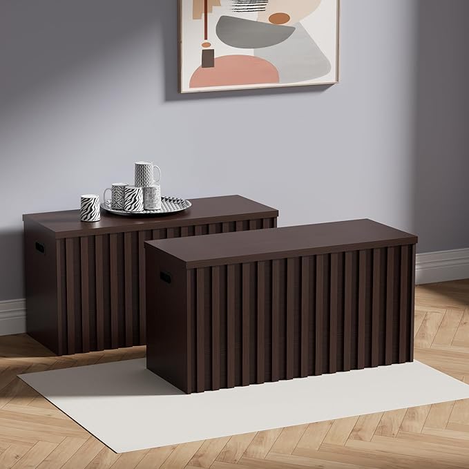 UEV Storage Bench Set of 2, 39.4" Wood Storage Trunk with 2 Safety Hinges, Sturdy Storage Chest, Fluted Wood Leg, Walnut