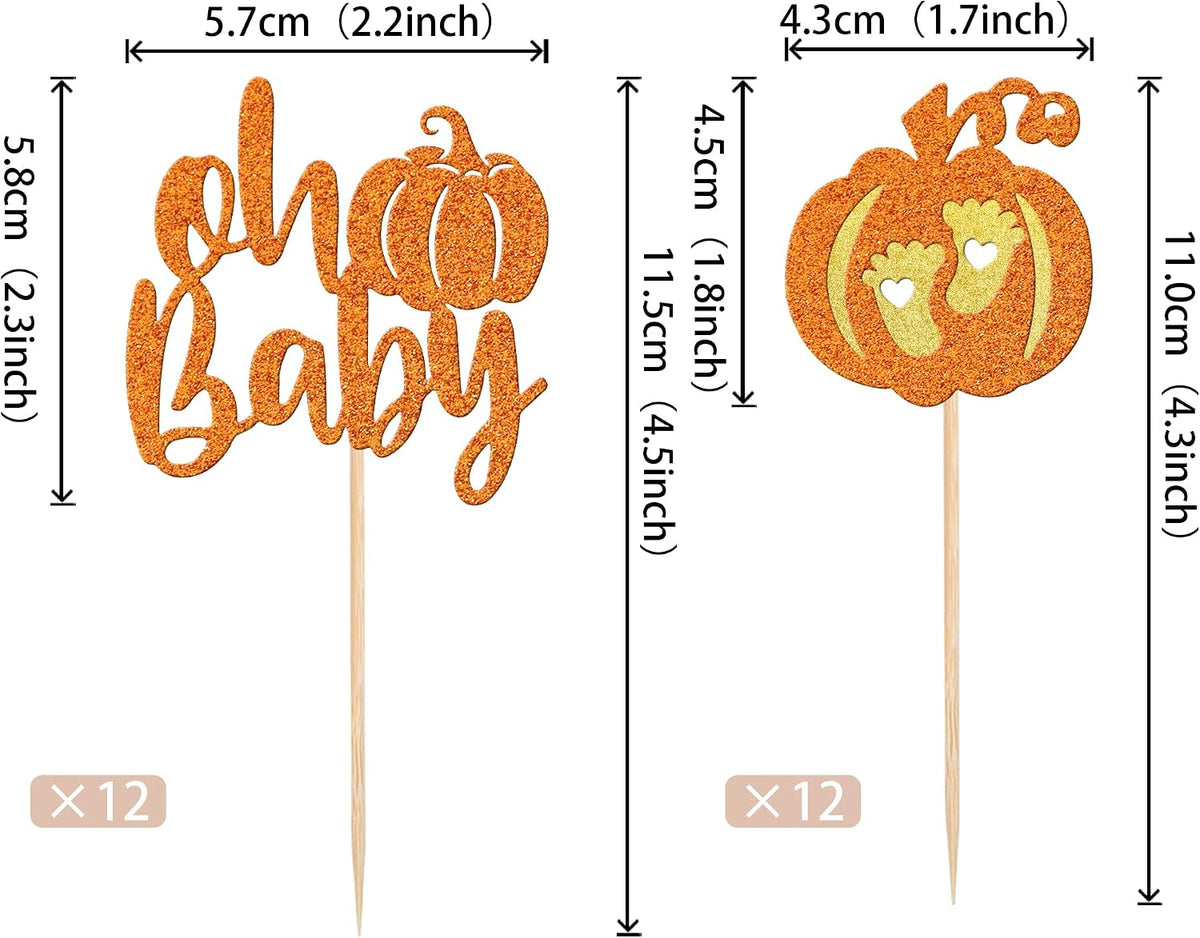 24 PCS Pumpkin Oh Baby Cupcake Toppers Glitter Fall Theme pumpkin - Design 11 Orange - image 2