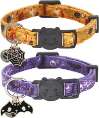 Halloween Cat Collar, Cotton 2 Pack Cat Collar with Bells - Halloween Purple / 7-11''