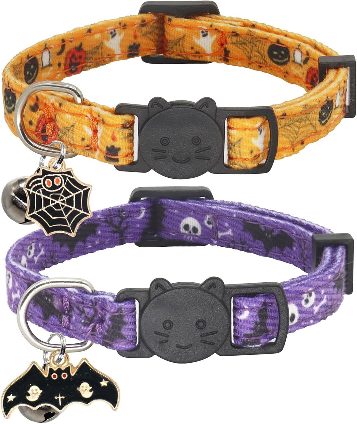 Halloween Cat Collar, Cotton 2 Pack Cat Collar with Bells - Halloween Purple / 7-11''
