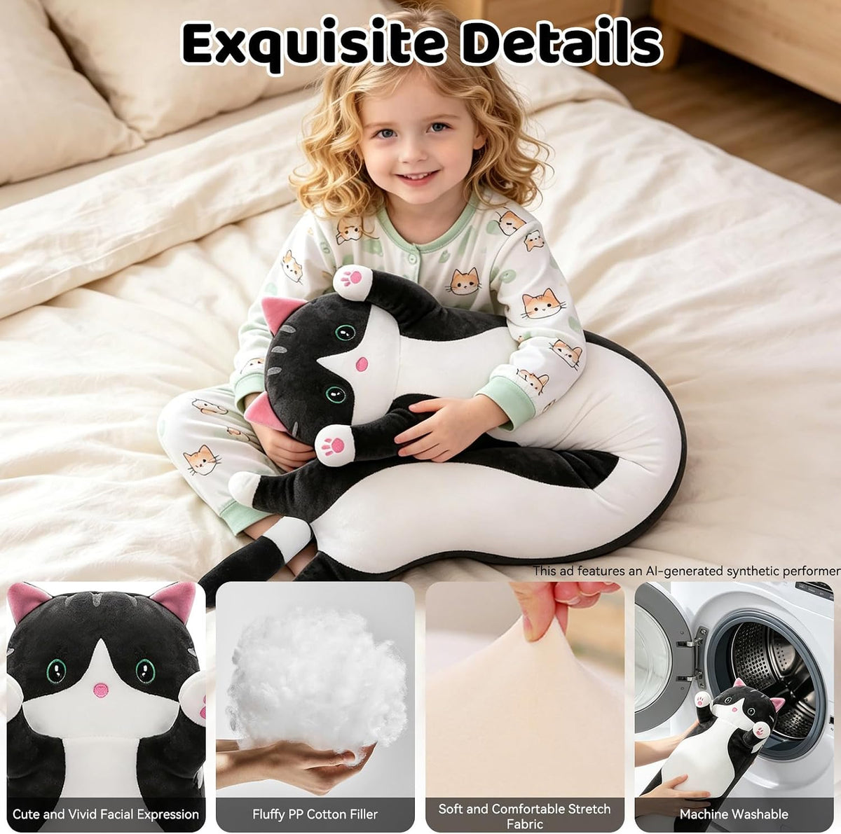 Cute Long Cat Plush Body Pillow, Soft Stuffed Animals 19.7 Inch – Fun for Kids & Family - Black / 51.1 inches - image 4