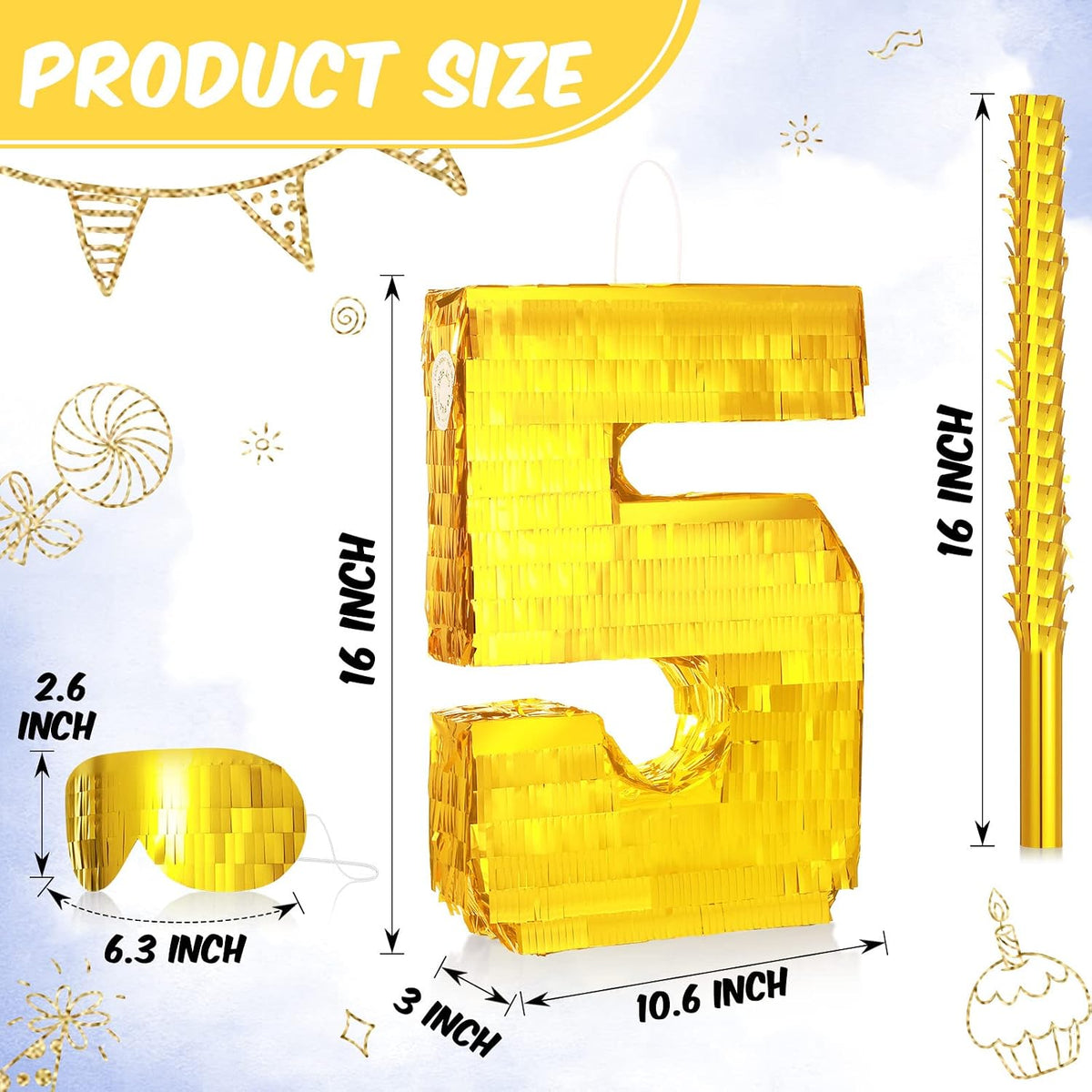 Sratte gold foil number piñata set with gold blindfold, piñata stick and bag of confetti - view 24