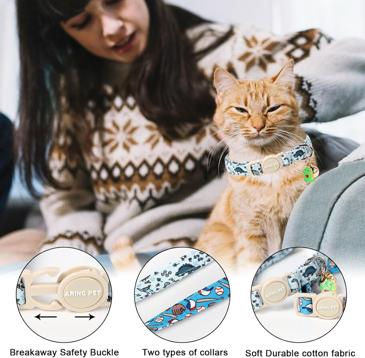 ARING PET 2 Pack Cat Collar-Cute Cotton Cat Collar Breakaway - Dinosaur&Baseball - image 2