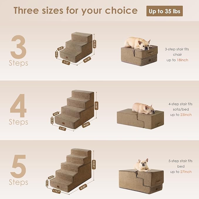 EHEYCIGA Dog Stairs for High Bed 22.5" H, 5-Step Dog Steps for Bed, Pet Steps for Small Dogs and Cats, Non-Slip Balanced Pet Ramp Indoor, Camel