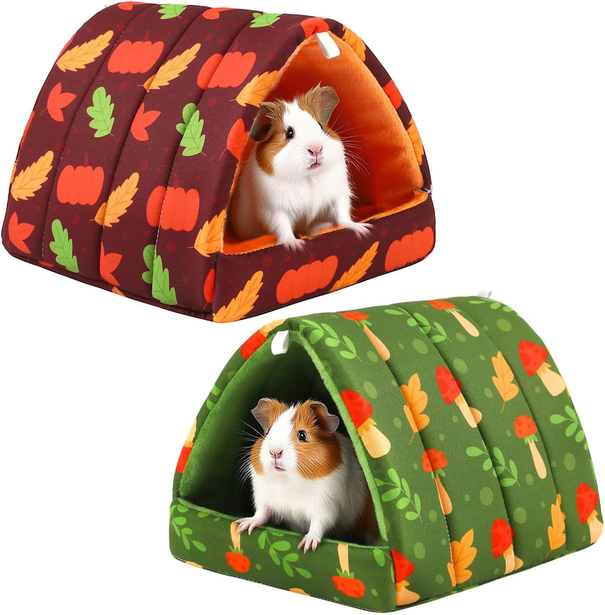 UPINS 2 Pack Guinea Pig Hideout, Washable Small Animal House Bed – Daily Care for Small Pets - 7.9 x 6.8 inch / Orange Green Leaf