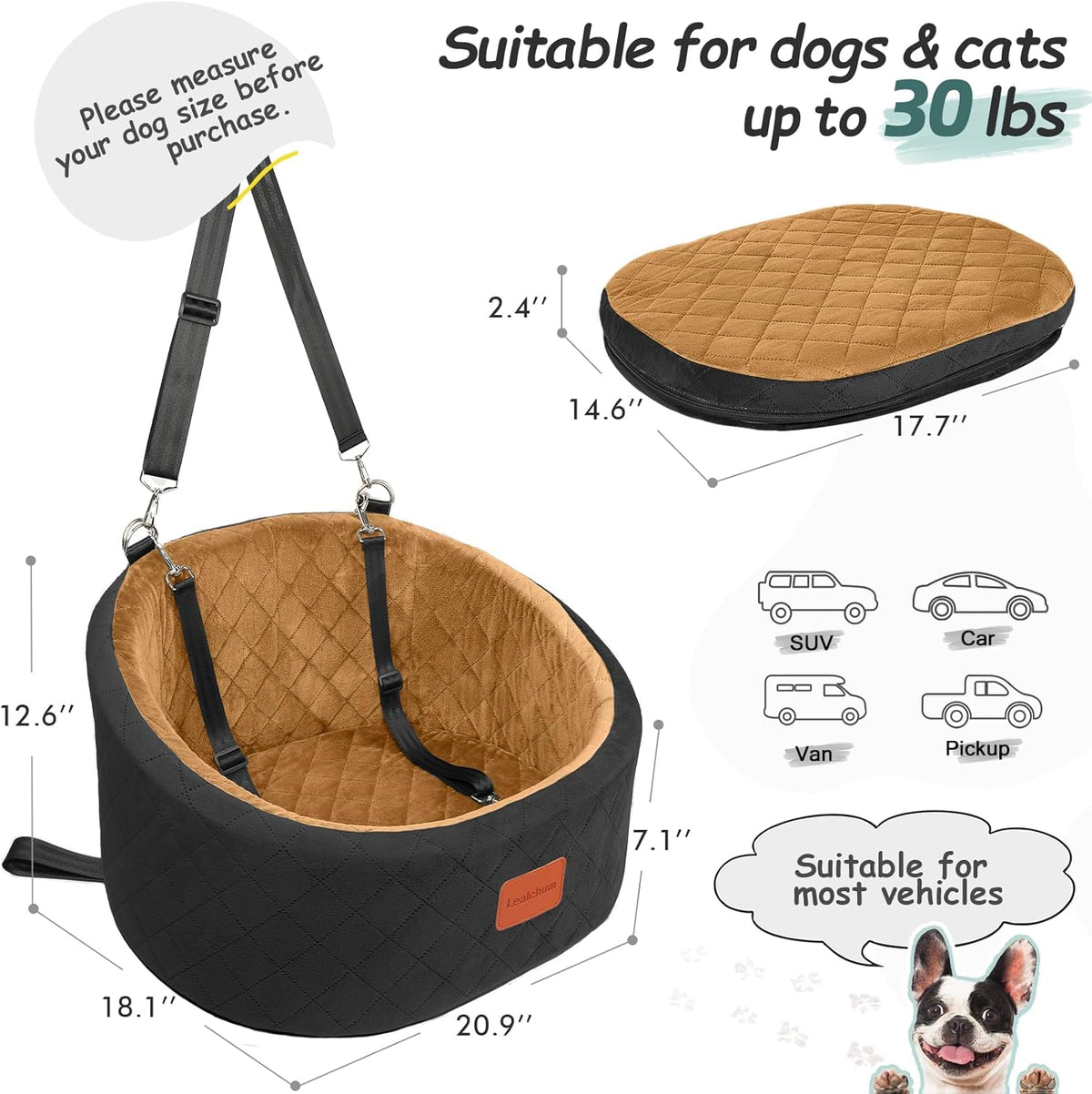 Lealchum Dog Car Seat for Small Dogs Up to 30 Lbs with 2 Safety Dog - Black/Coffee / Small - image 3