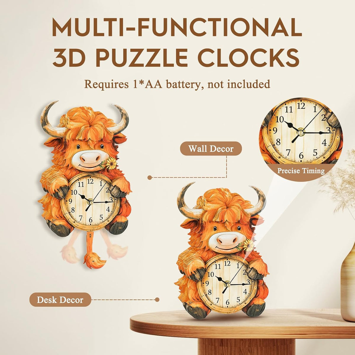 Halloween 3D Puzzles for Adults Halloween Puzzle Clock Adult Craft – Fun for Kids & Family - Highland Cow Clock - image 4