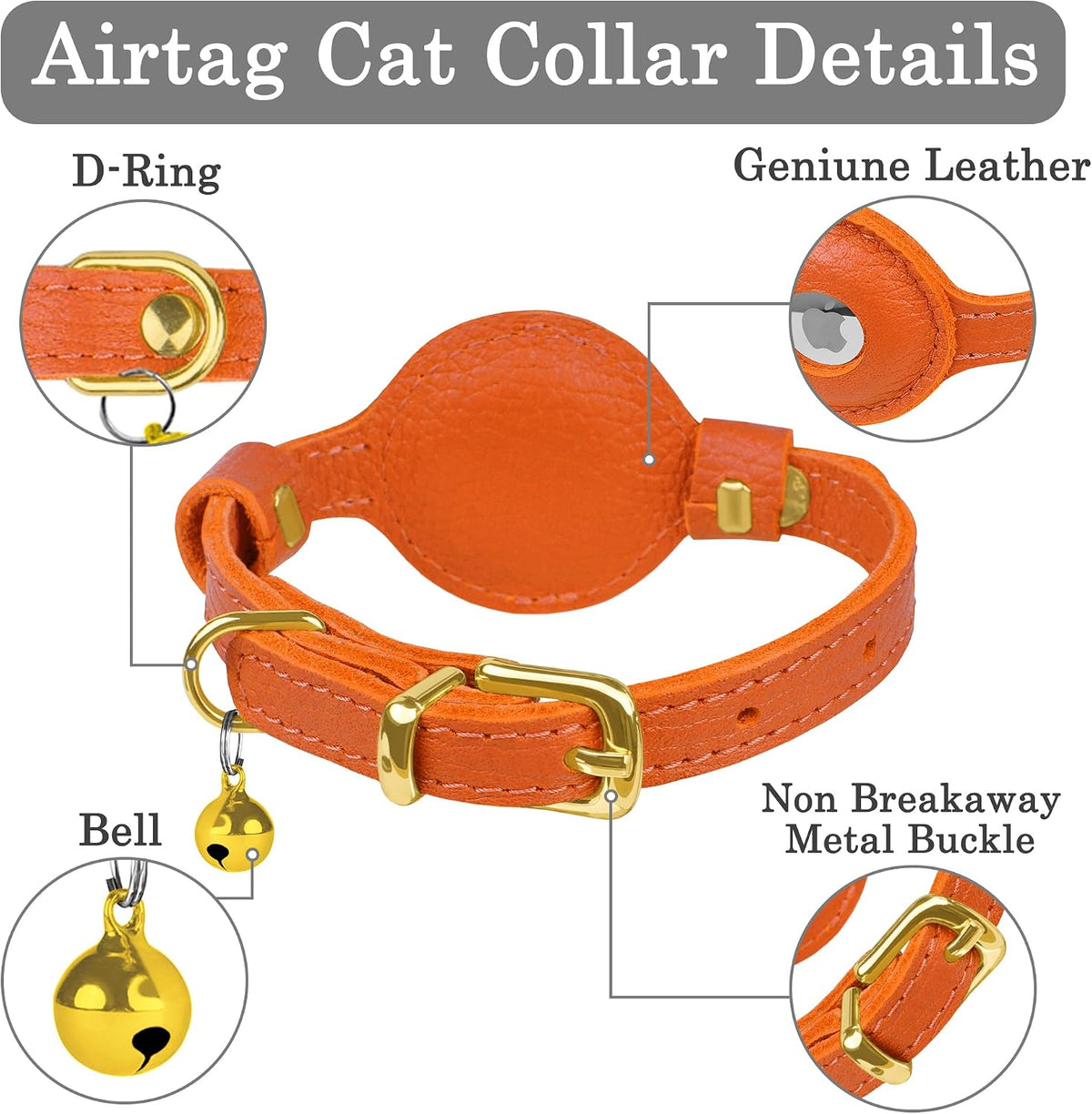 OOPSDOGGY Leather AirTag Cat Collar with Bell - Orange - image 3
