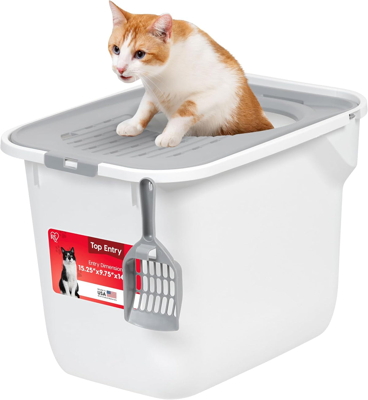 IRIS USA High Sided Cat Litter Box, Scatter Shield - Top Entry / White