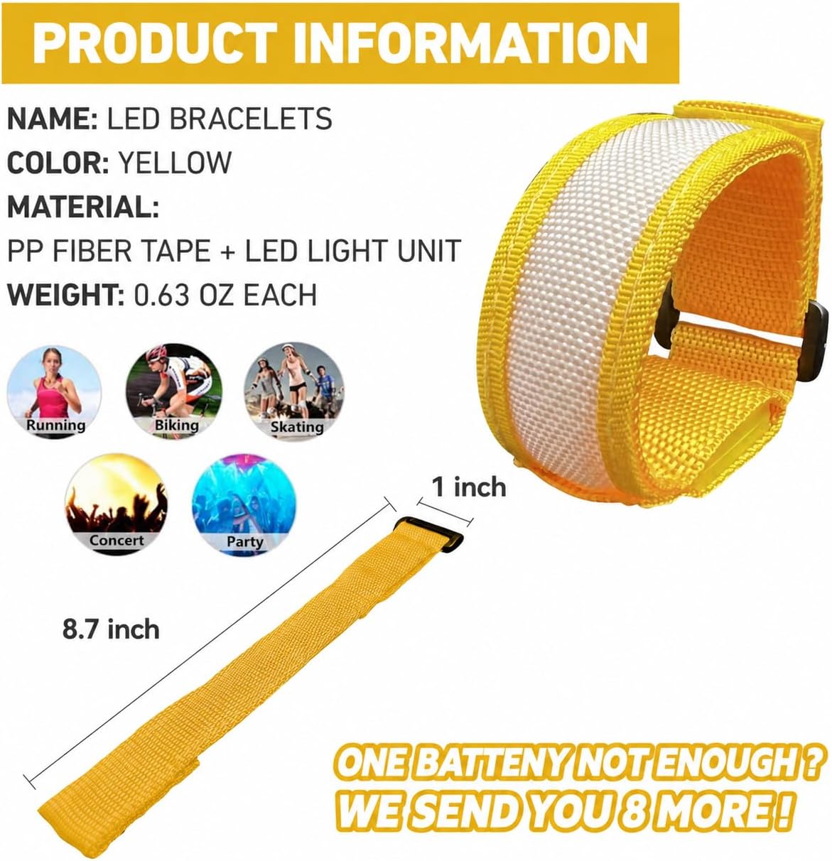 KIRALUMI 8 Pack LED Light Up Bracelets, 3 Modes - Yellow - 8 PCS - image 3