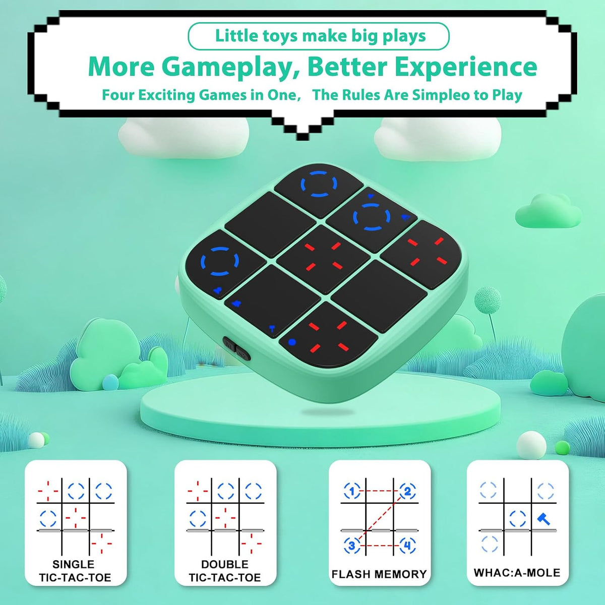 Tic-Tac-Toe Bolt Game, 4-in-1 Handheld Puzzle Games Console, Electronic Tic-Tac-Toe Game - Cyan / L(Rechargeable) - image 2