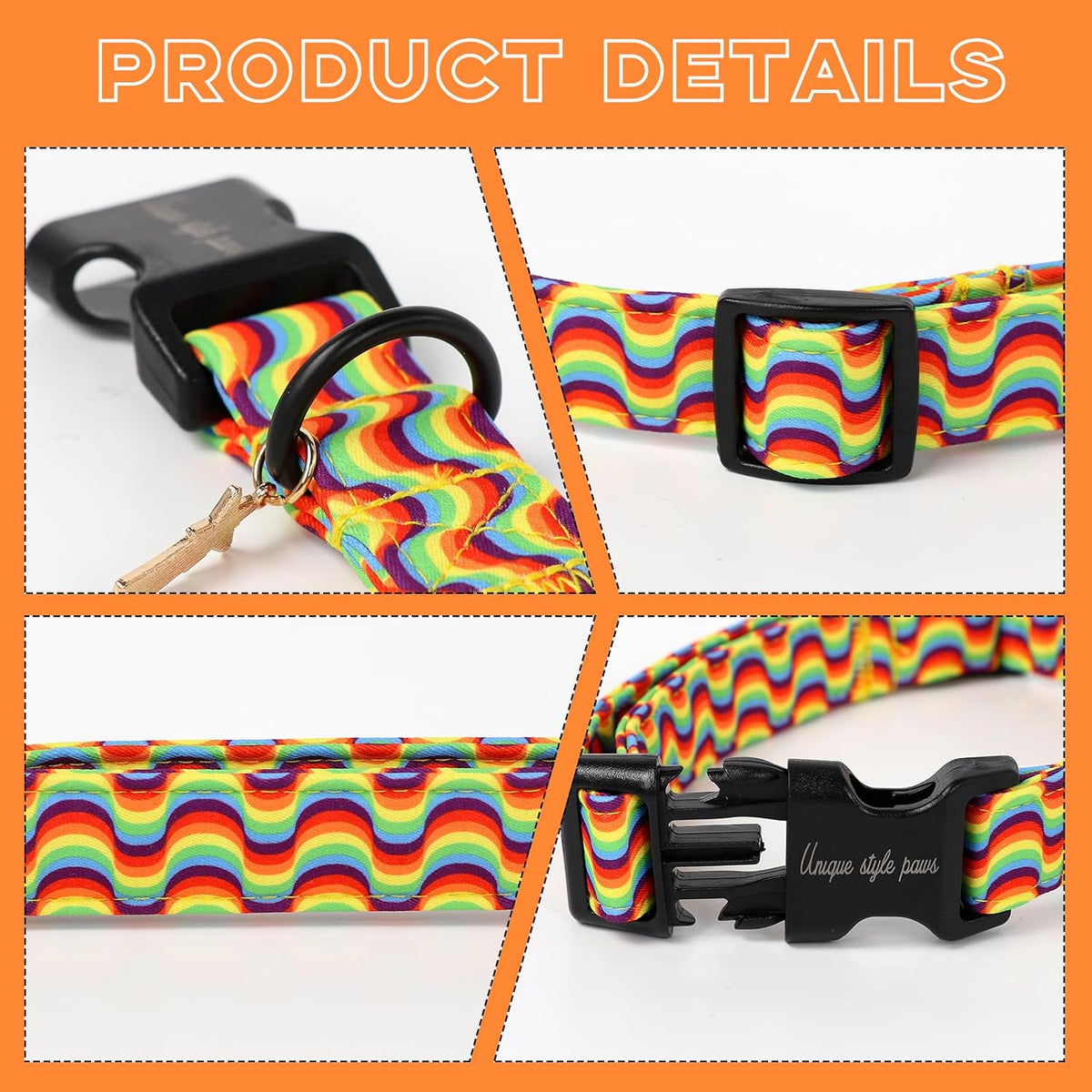 Dog Collar With Metal Buckle, Red Rose Flower Gift for Small - Wave Rainbow / XS - image 3