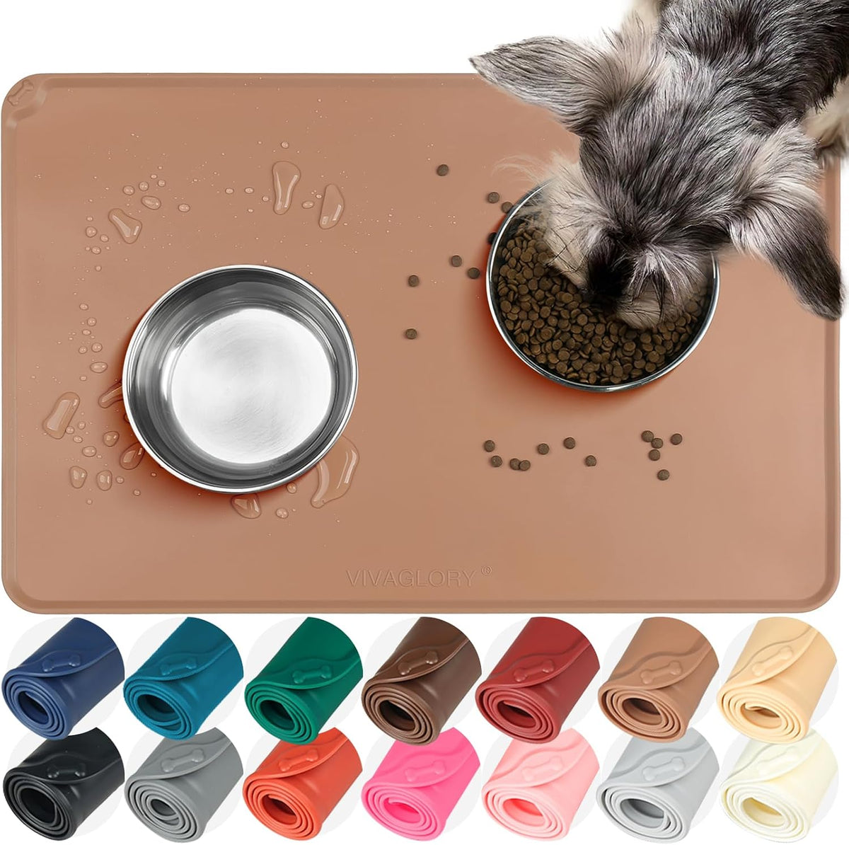 VIVAGLORY Pet Food Mat Flexmat Dog Bowl Mat, S - Khaki / S (18.9 x 11.8in)