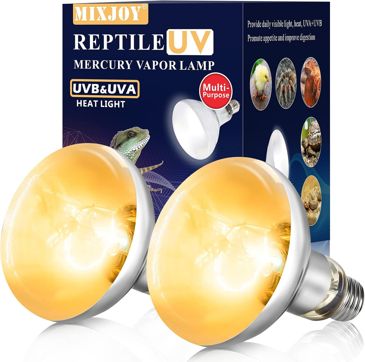 MIXJOY 100W Reptile Heat Lamp Bulb Full Spectrum UVA UVB Sun Light - 2 Count (Pack of 1)