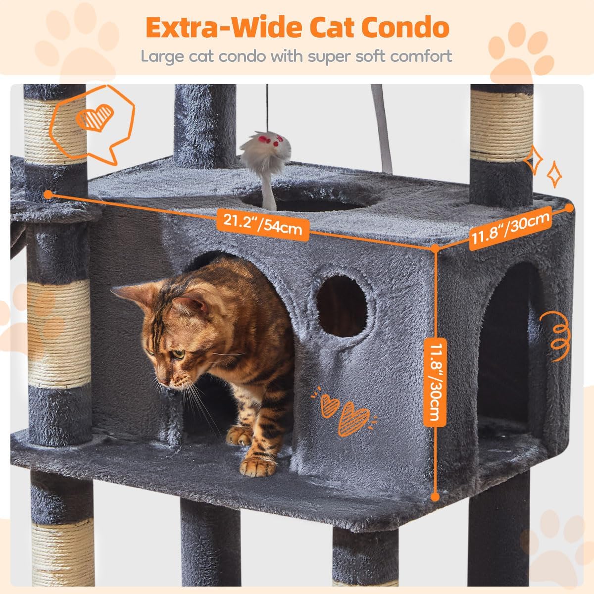 Taoqimiao Cat Tree, 67 in Tall Cat Tower with 2 Plush Cat Condos – Essentials for Cats - 73 inches / Smoky Gray - image 3
