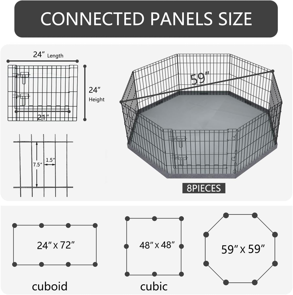 Foldable Metal Dog Exercise Pen/Pet Puppy Playpen Kennels Yard Fence - Gray / 24''H / Playpen+Bottom Pad - image 3