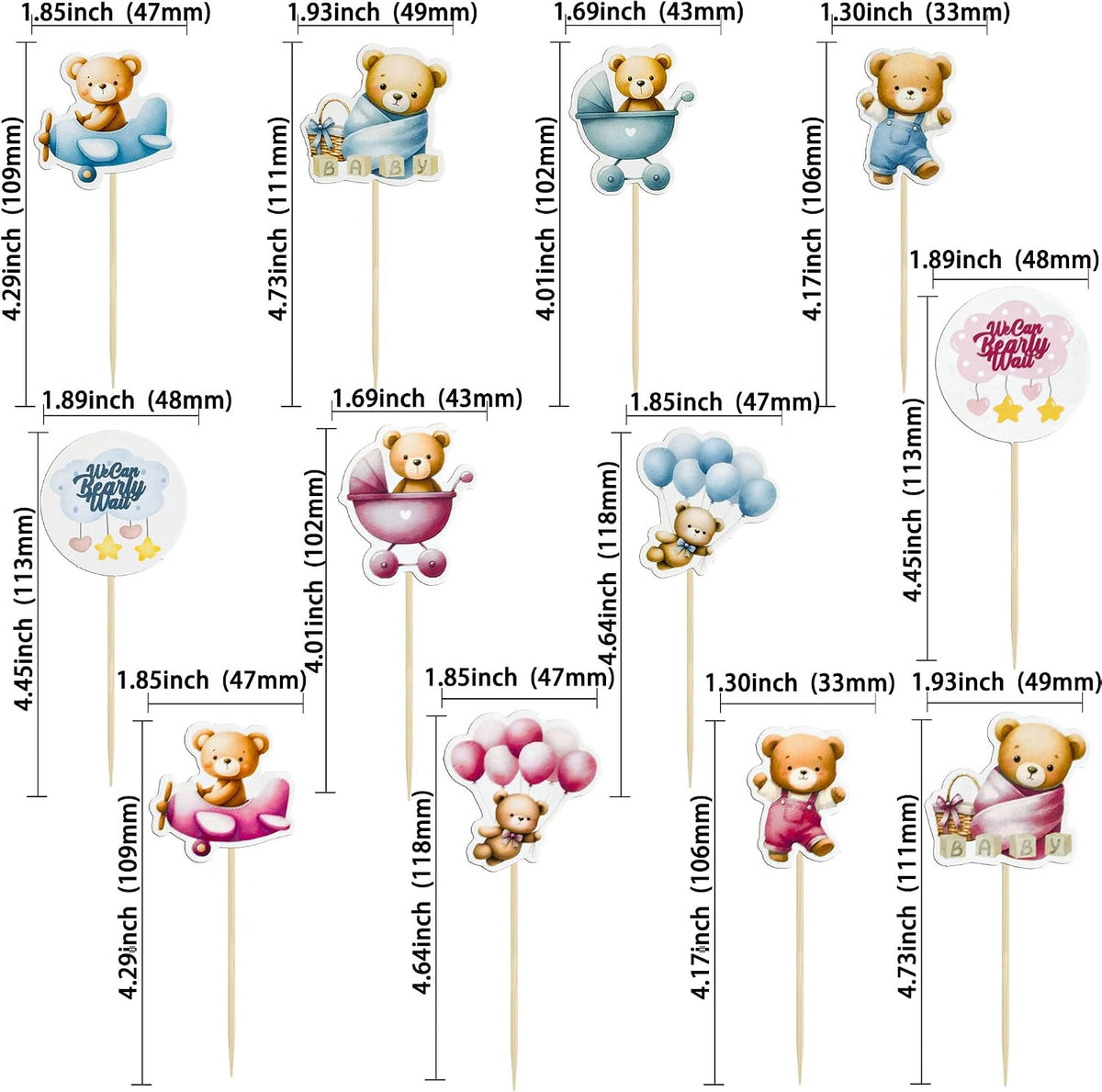 Gyufise 36Pcs Baby Shower Bear Cupcake Toppers Moon Baby Bear Baby - Blue Pink Coffee - image 2