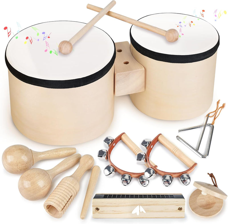 Vanplay bongo drum set for kids with drums, maracas, bells, harmonica and triangle