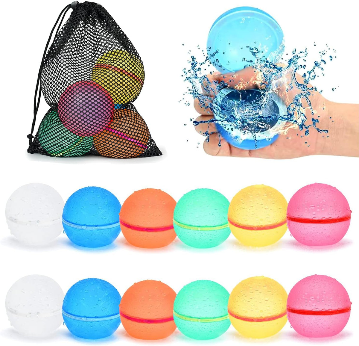 Reusable Water Balloons 6 Pcs with Mesh Bag - Classic Color / 12 Pcs